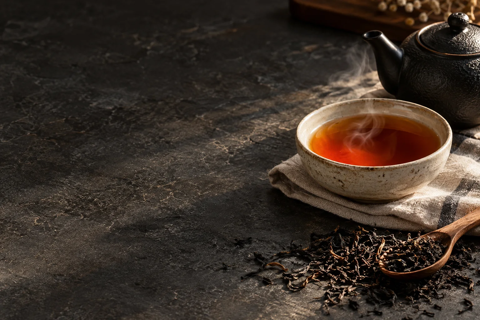 Té de color ámbar en una taza de cerámica, junto a una tetera y hojas de té