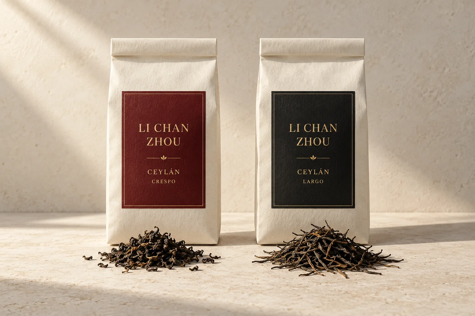 Propuesta visual de los envases de té Ceylán Puro Crespo y Largo, con sus hojas de té