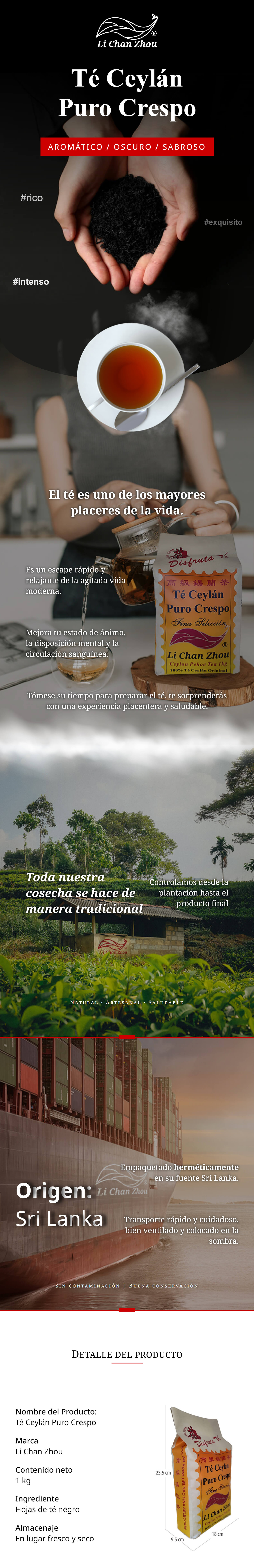 Descripción del Té Ceylán Puro Crespo 1kg Li Chan Zhou